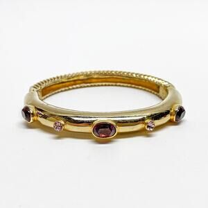 Vintage 1980s Gold Tone Rhinestone Cuff Bracelet - Purple & Pink Stones